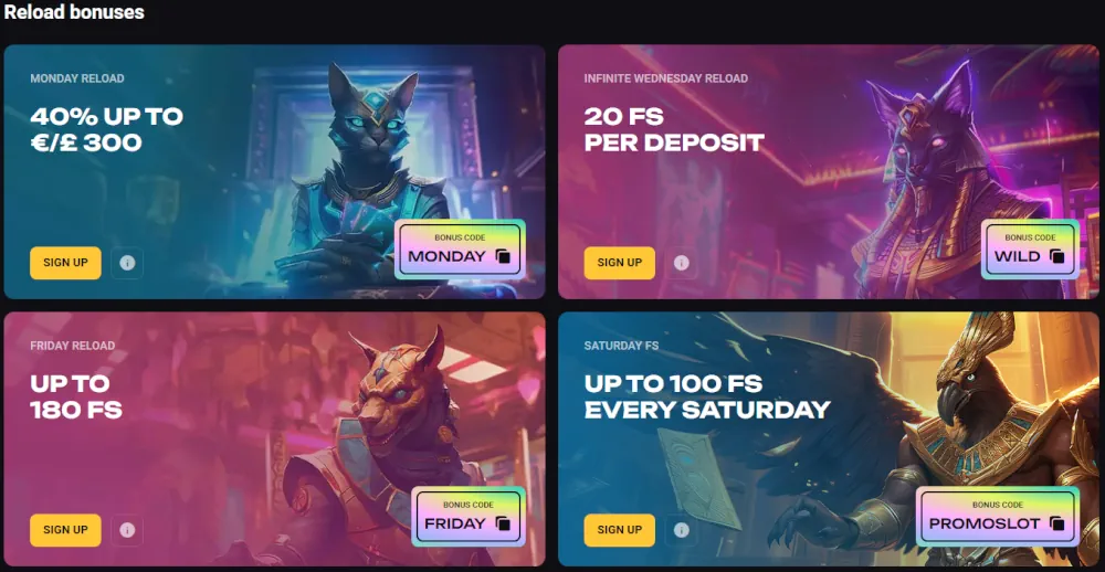 AmonBet reload bonuses and free spins promotional offers.